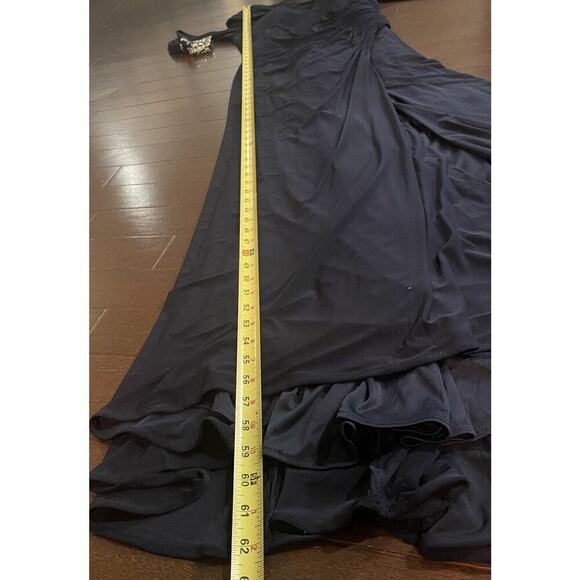 Mac Duggal Beaded Cuff Drop Shoulder Faux Wrap Gown Maxi Dress 8 Midnight Navy - Picture 9 of 15